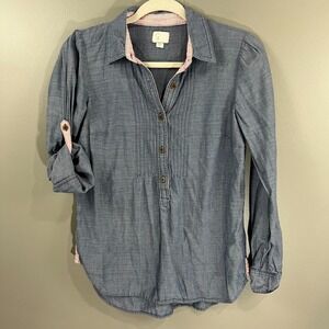 POSTMARK Anthropologie Chambray Pintuck Popover Shirt Roll Tab Sleeves Size 4